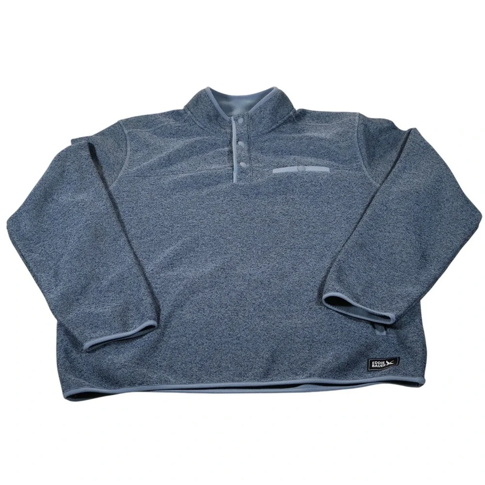 Eddie Bauer Sweater Mens‎ XL Blue Fleece Pullover Snap Mock Neck Outdoor Warm